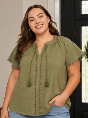 Lane Bryant Olive Tassel Tie Top 18/20 (2X) Boho Slub Knit Short Sleeve